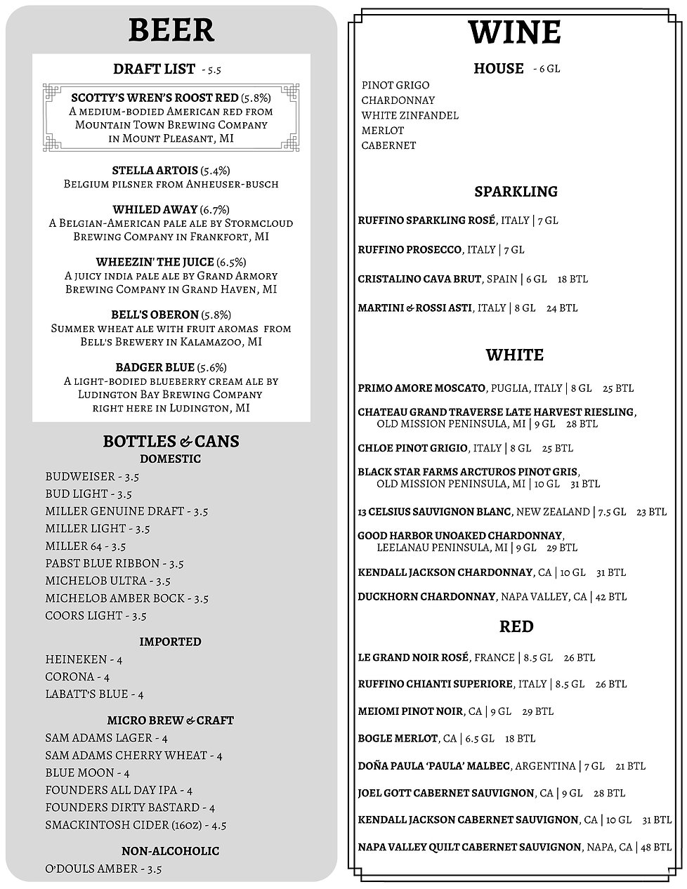 DRINK MENU Scotty's Restaurant